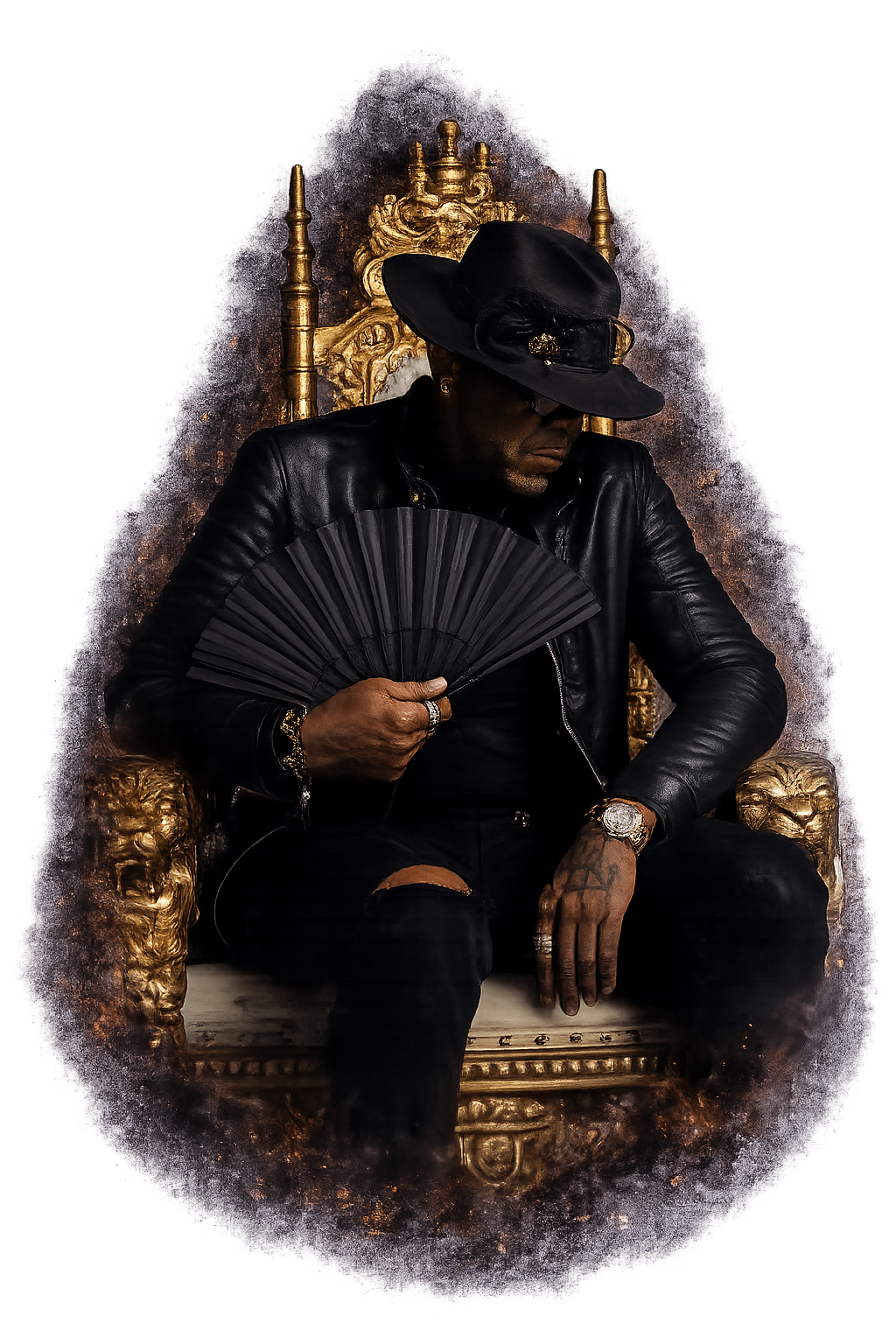 Stacy Baker on a golden throne holding a black fan — composed authority