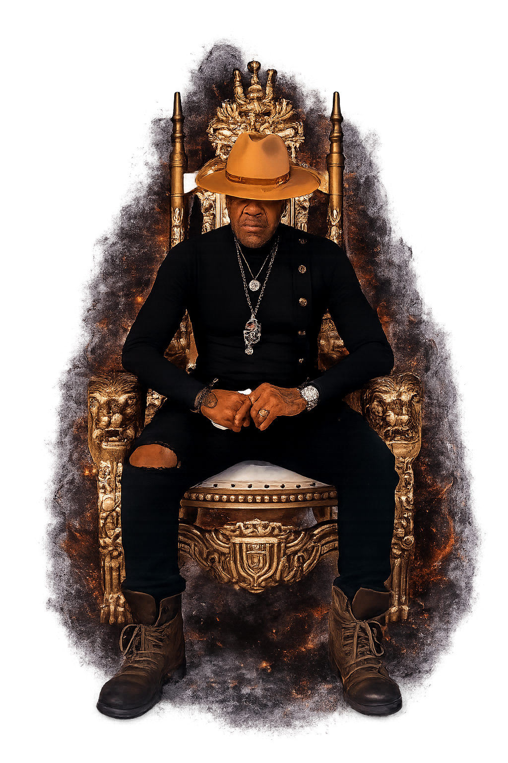 Stacy Baker on an ornate gold lion throne wearing a tan fedora — sovereign authority