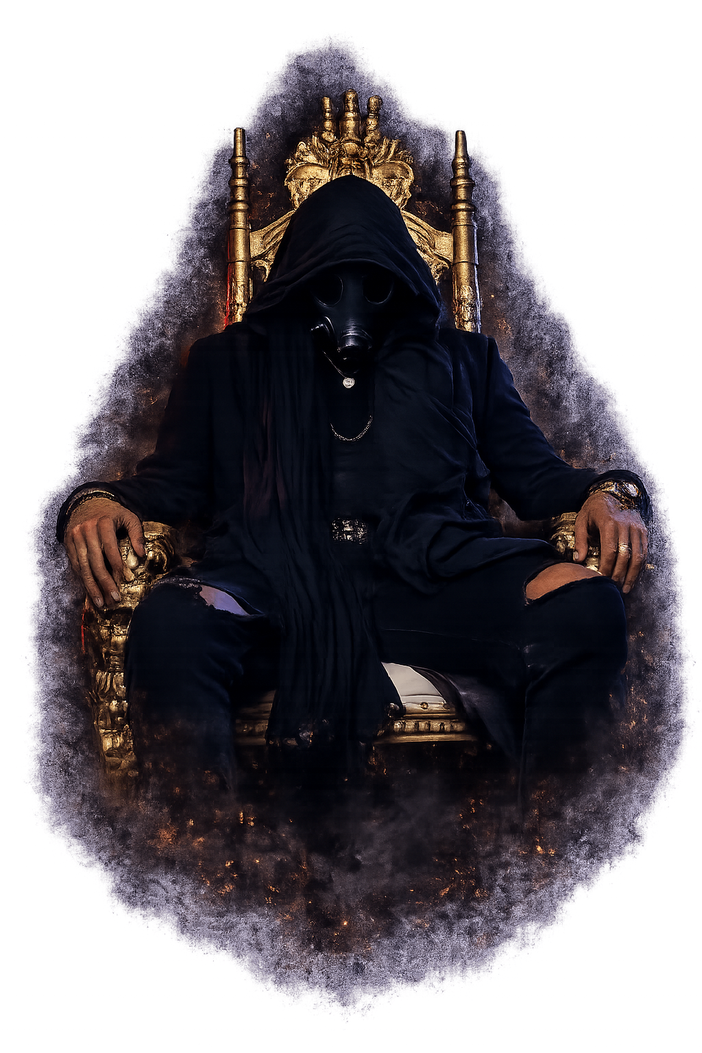 Hooded seer in gas mask seated on a golden throne — occult initiation