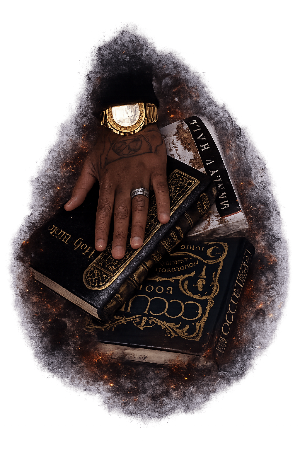 Hand resting on ancient occult and Vedic astrology texts